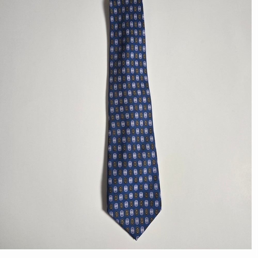 Bijoux Terner Mens Silk Tie Blue Gold Geometric Medallion Handmade Necktie